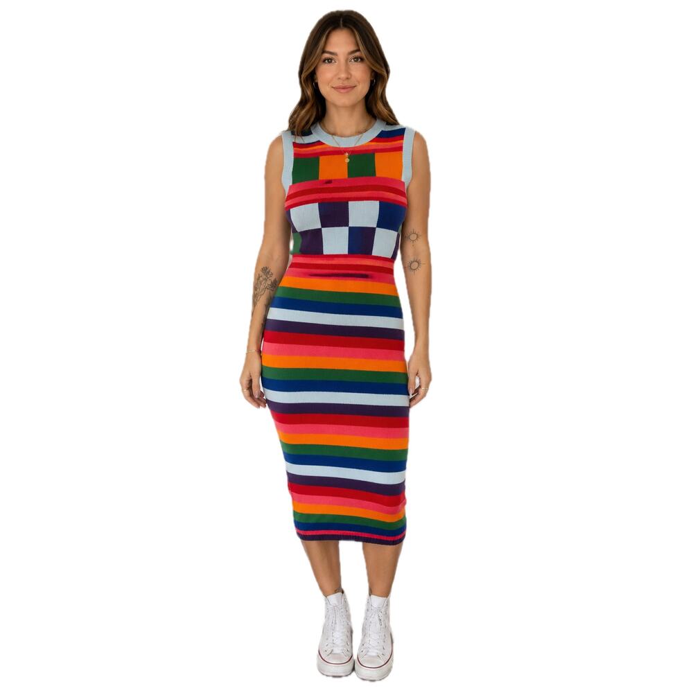 LALA Dressed In Lala Colorblock Sweater Dress Dopamine Retro Midi NWT L Rainbow